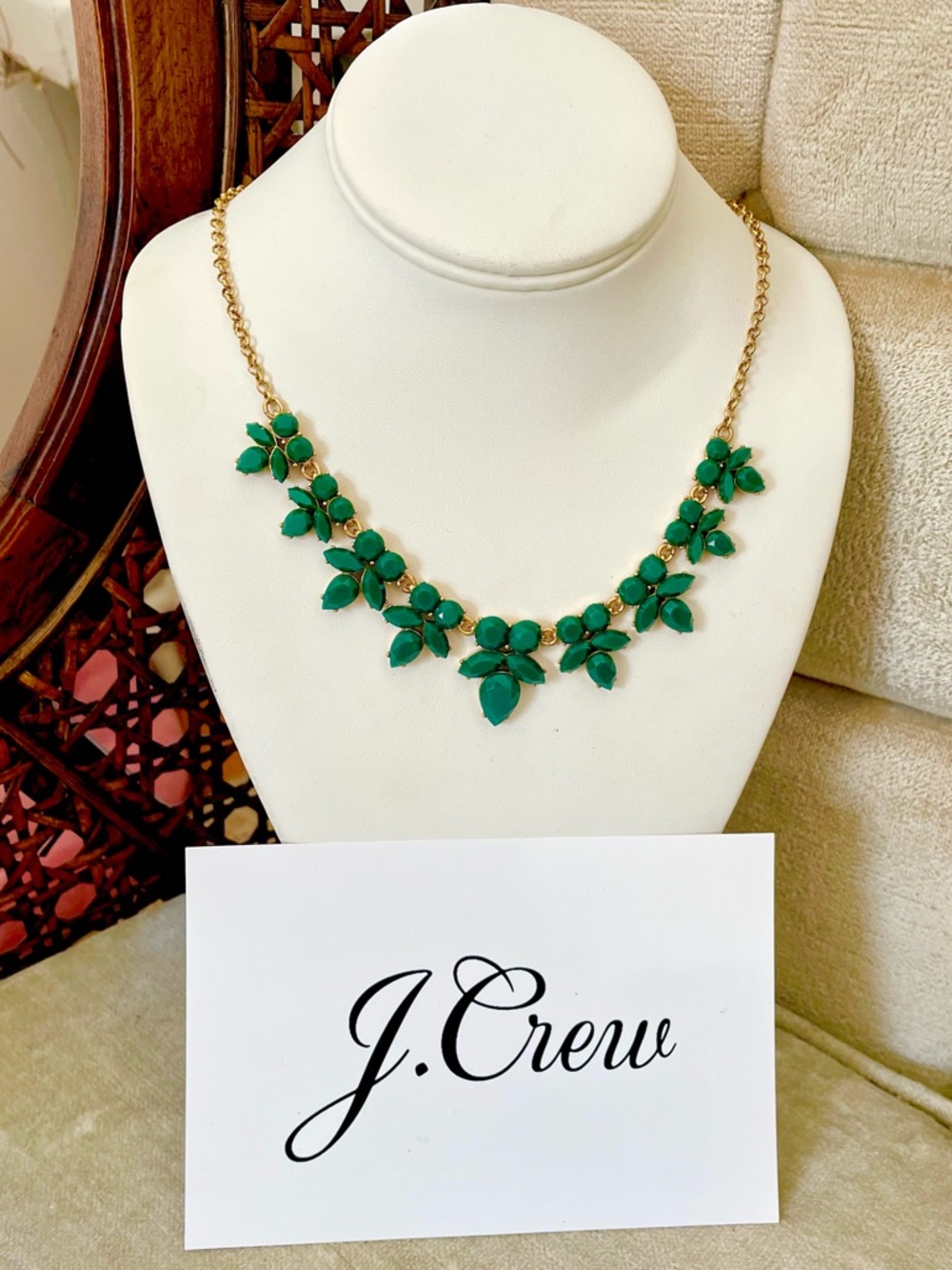 J. Crew Teardrop & Round Cluster Necklace - Emerald Green & Gold